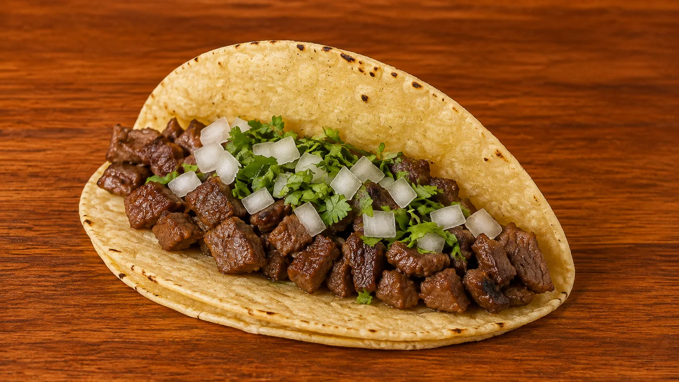 Taco de carne asada en tortilla de maíz